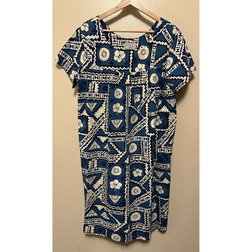 Maluna Hawaii Vintage Hawaiian Dress Shorty Muumuu Blue White No Size Tag EUC
